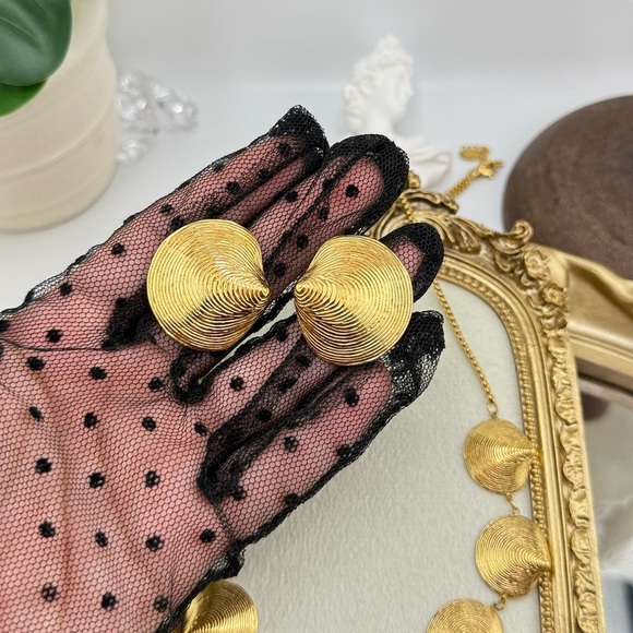 Gold Textured Seashell Statement Earrings – PVD Plated Stainless Steel - Picture 7 of 14